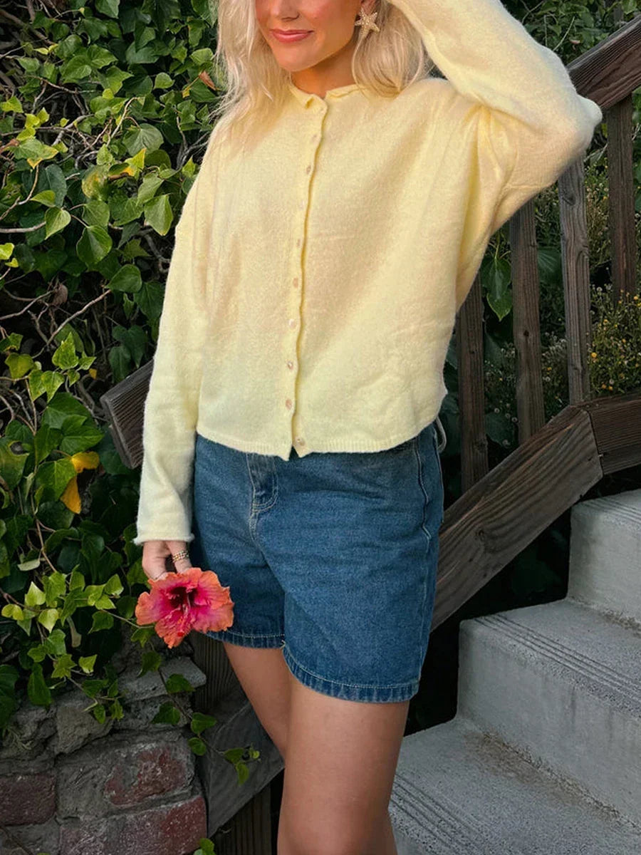 Women's Knit Cardigan Long Sleeve Button Front Collared Relaxed Style