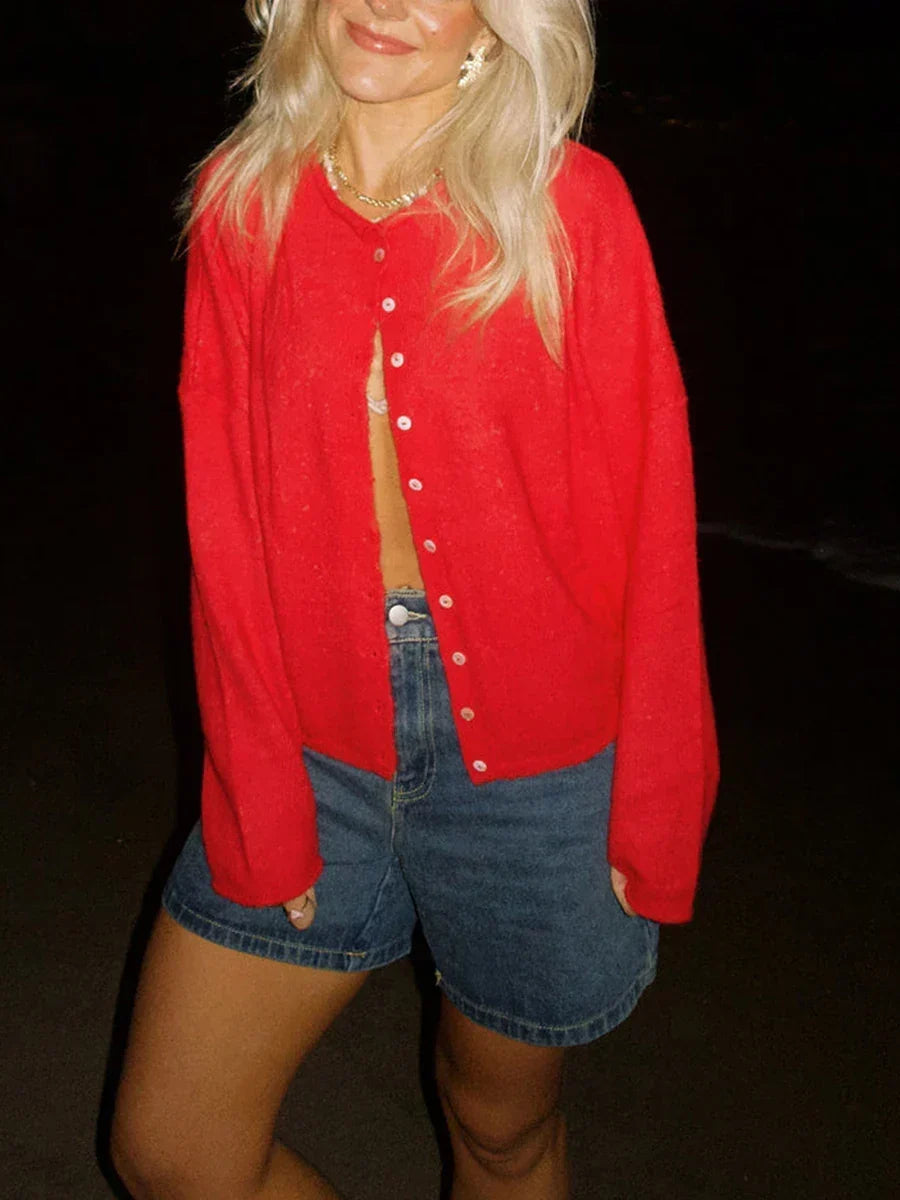 Women's Knit Cardigan Long Sleeve Button Front Collared Relaxed Style
