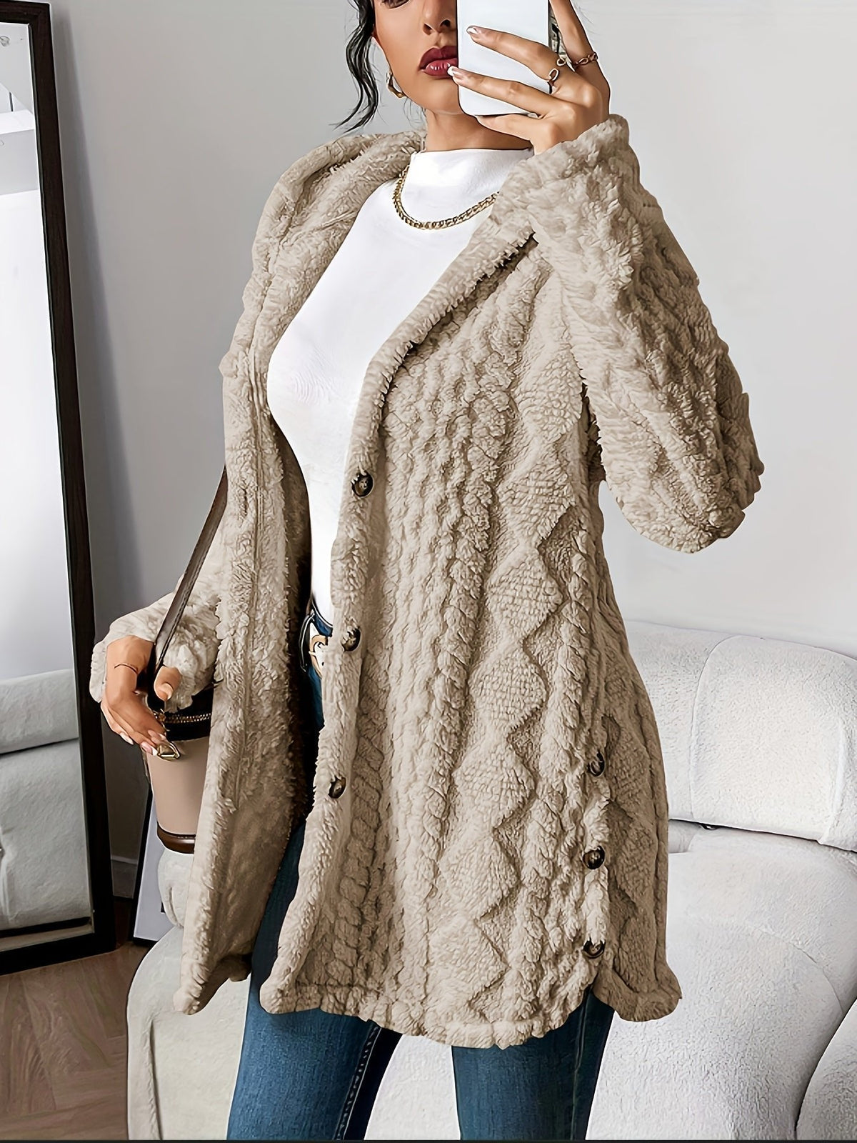 Women's Hooded Cardigan Sweater Button-Front Long Style Cozy Layering
