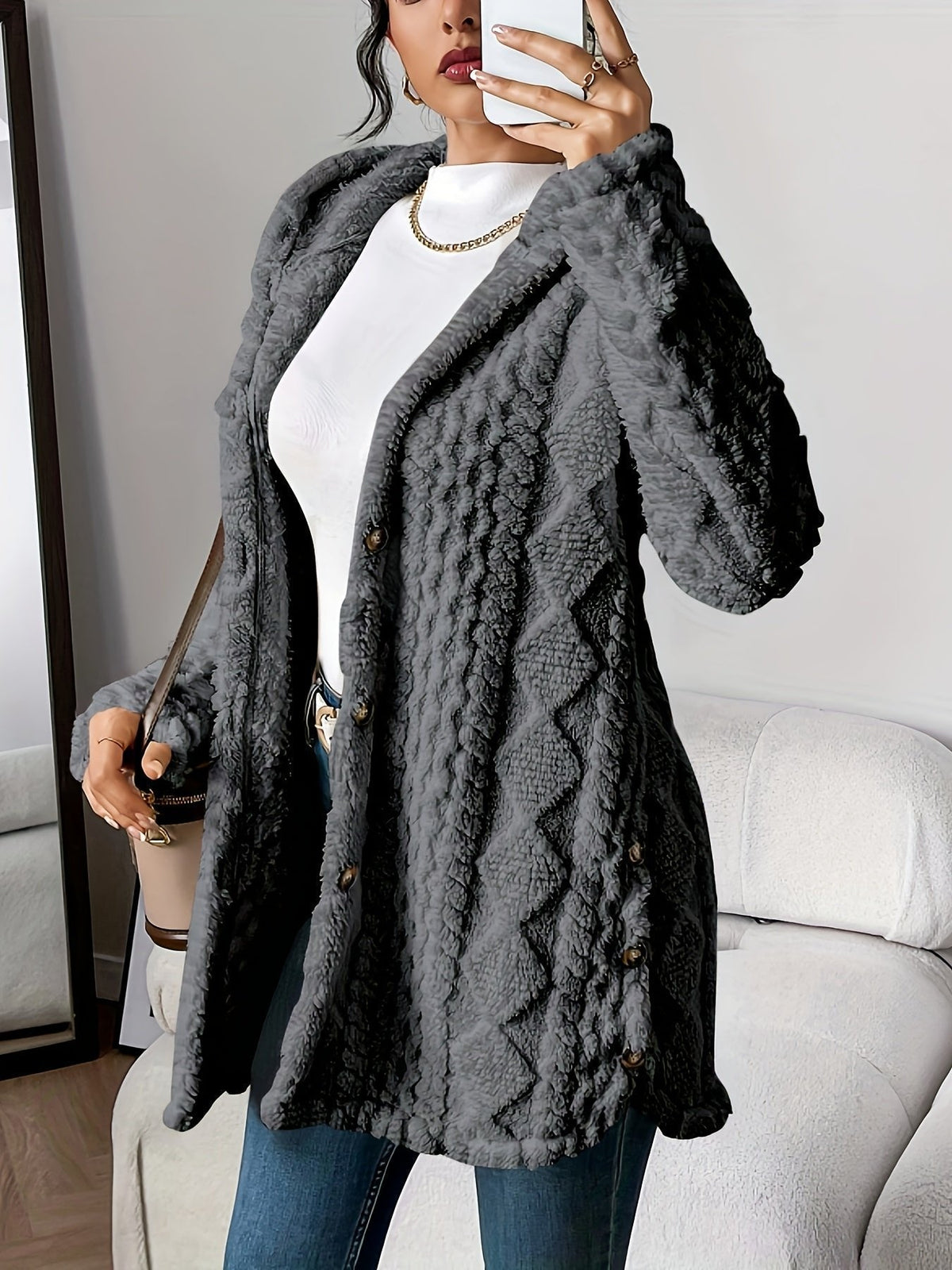 Women's Hooded Cardigan Sweater Button-Front Long Style Cozy Layering