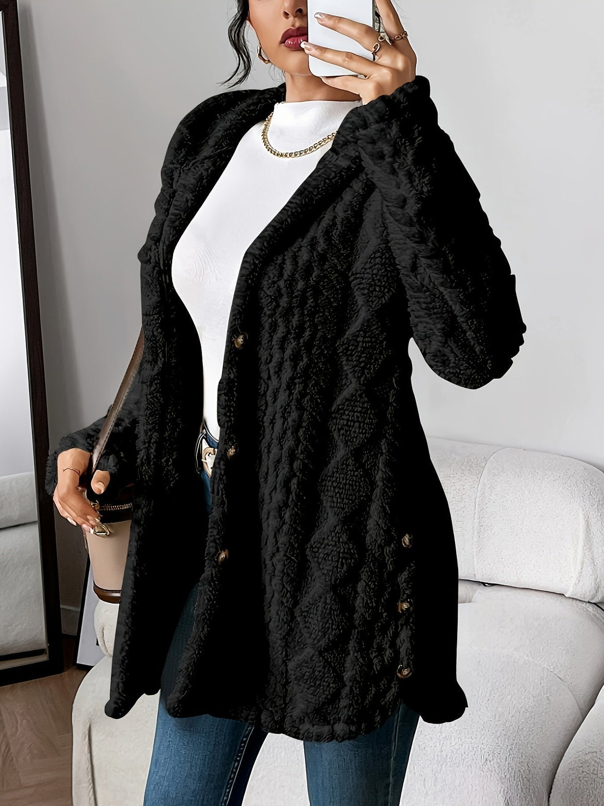 Women's Hooded Cardigan Sweater Button-Front Long Style Cozy Layering