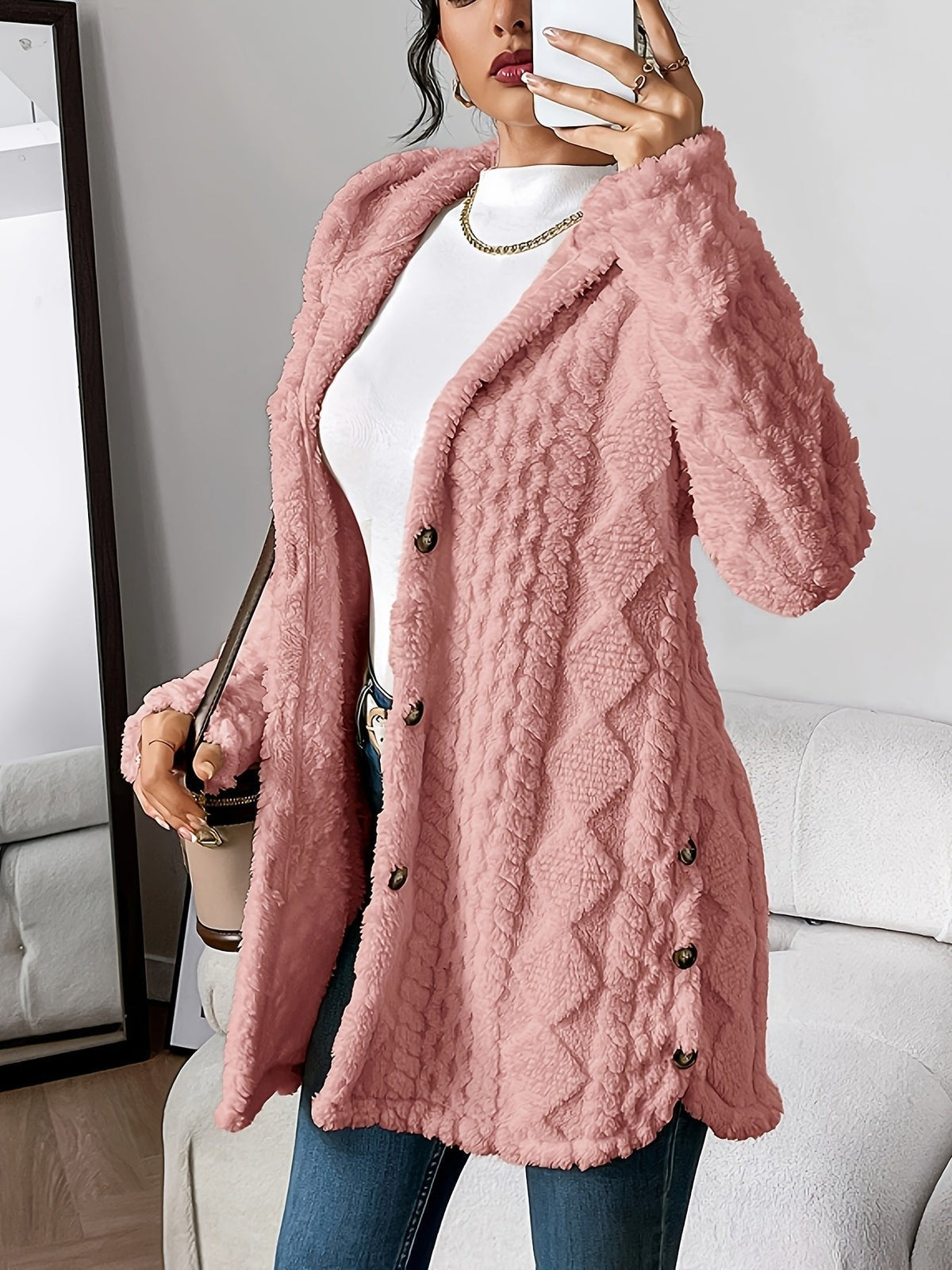 Women's Hooded Cardigan Sweater Button-Front Long Style Cozy Layering