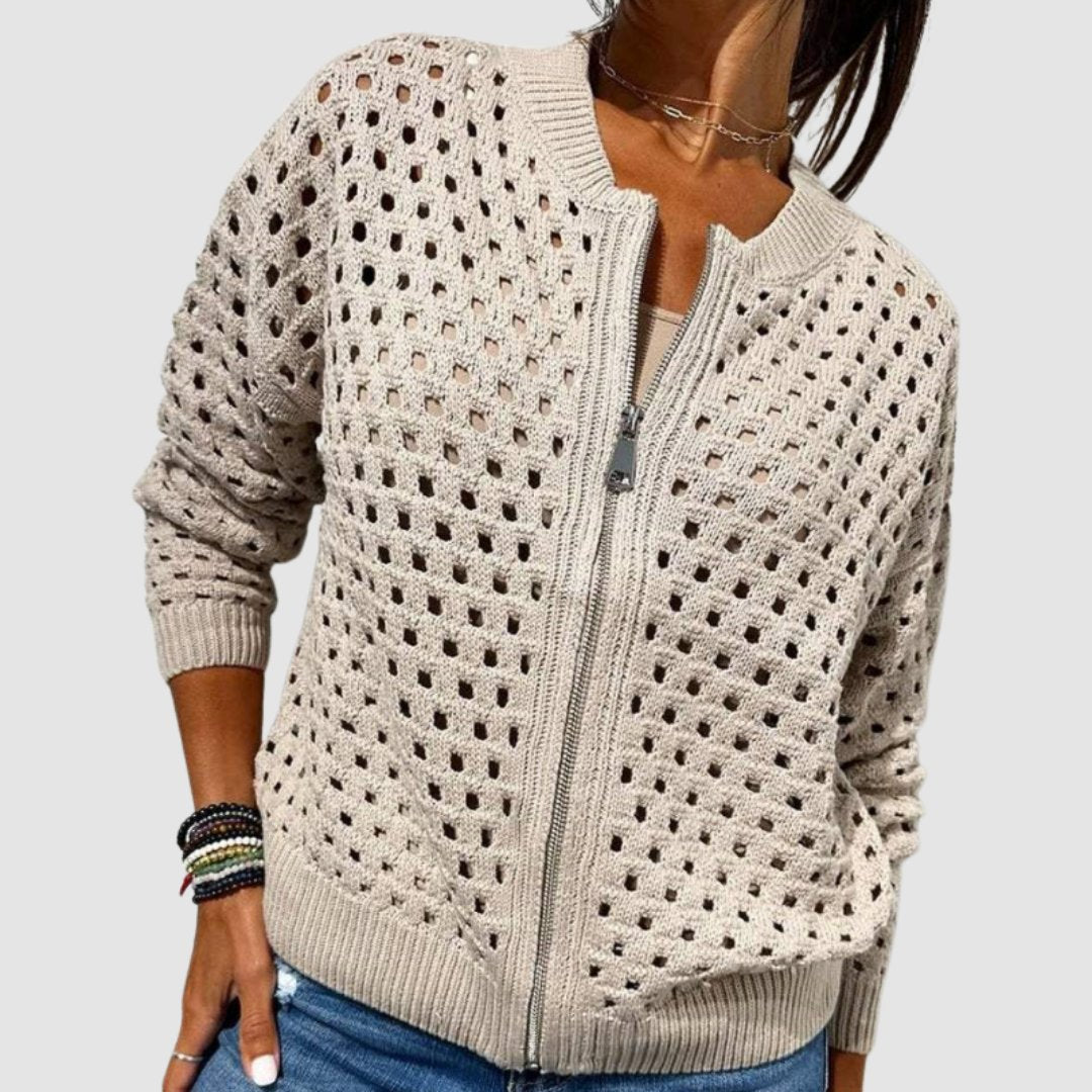 Women's Hollow-Knit Cardigan Sweater Zip-Up Relaxed Fit Casual Layering