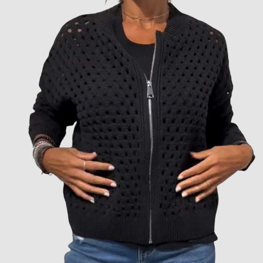 Women's Hollow-Knit Cardigan Sweater Zip-Up Relaxed Fit Casual Layering