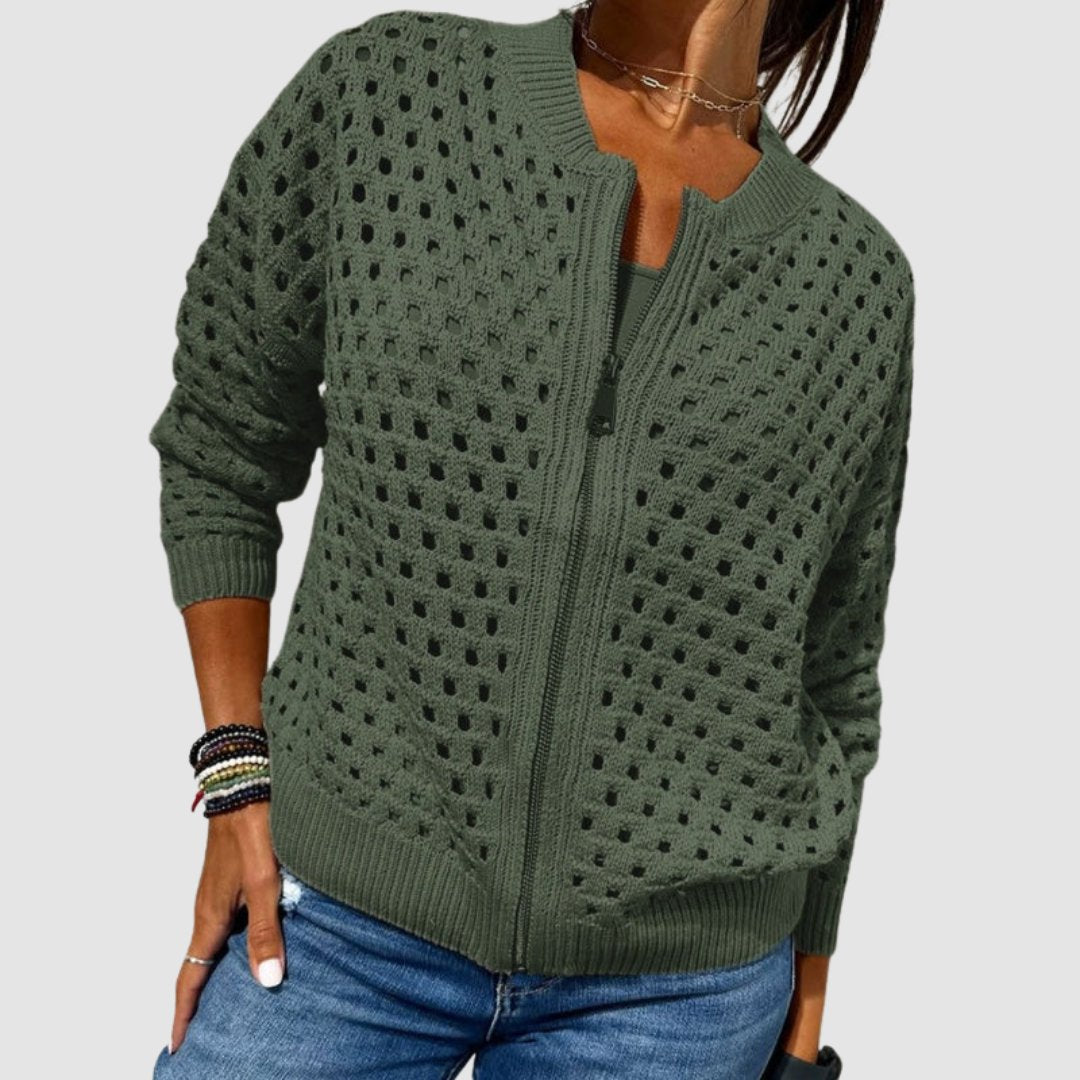 Women's Hollow-Knit Cardigan Sweater Zip-Up Relaxed Fit Casual Layering