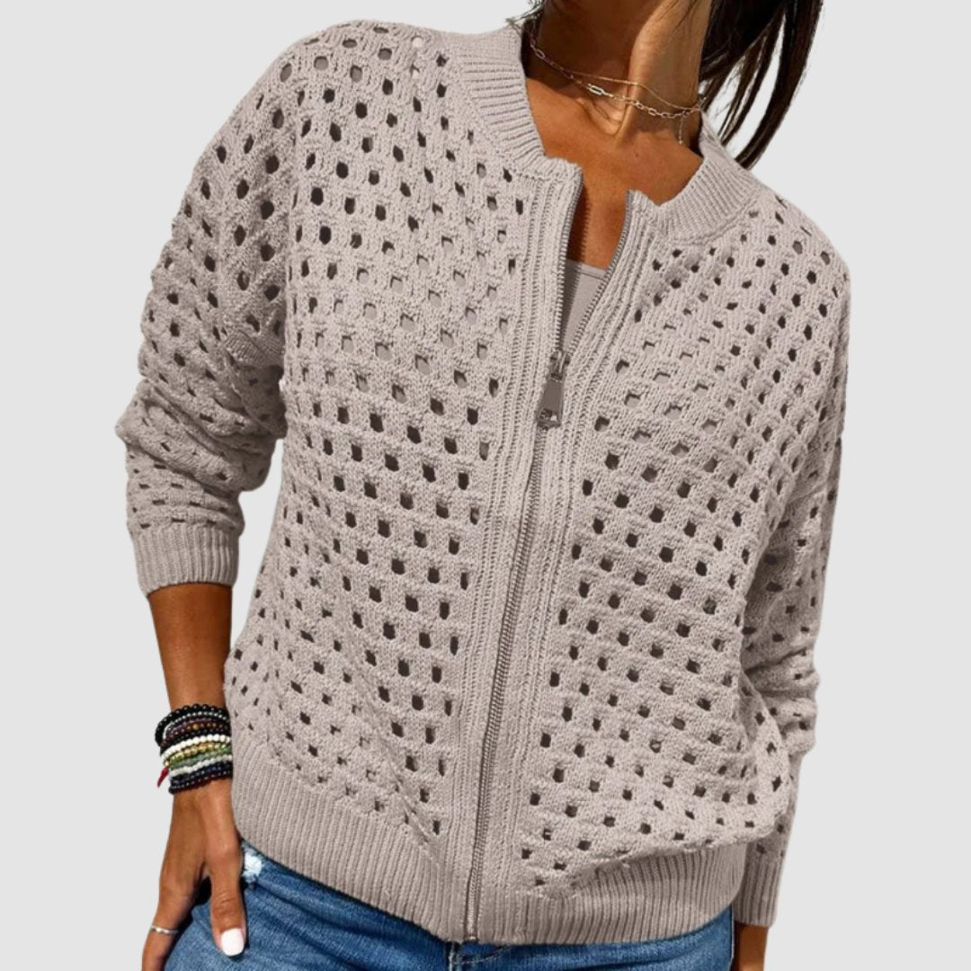 Women's Hollow-Knit Cardigan Sweater Zip-Up Relaxed Fit Casual Layering