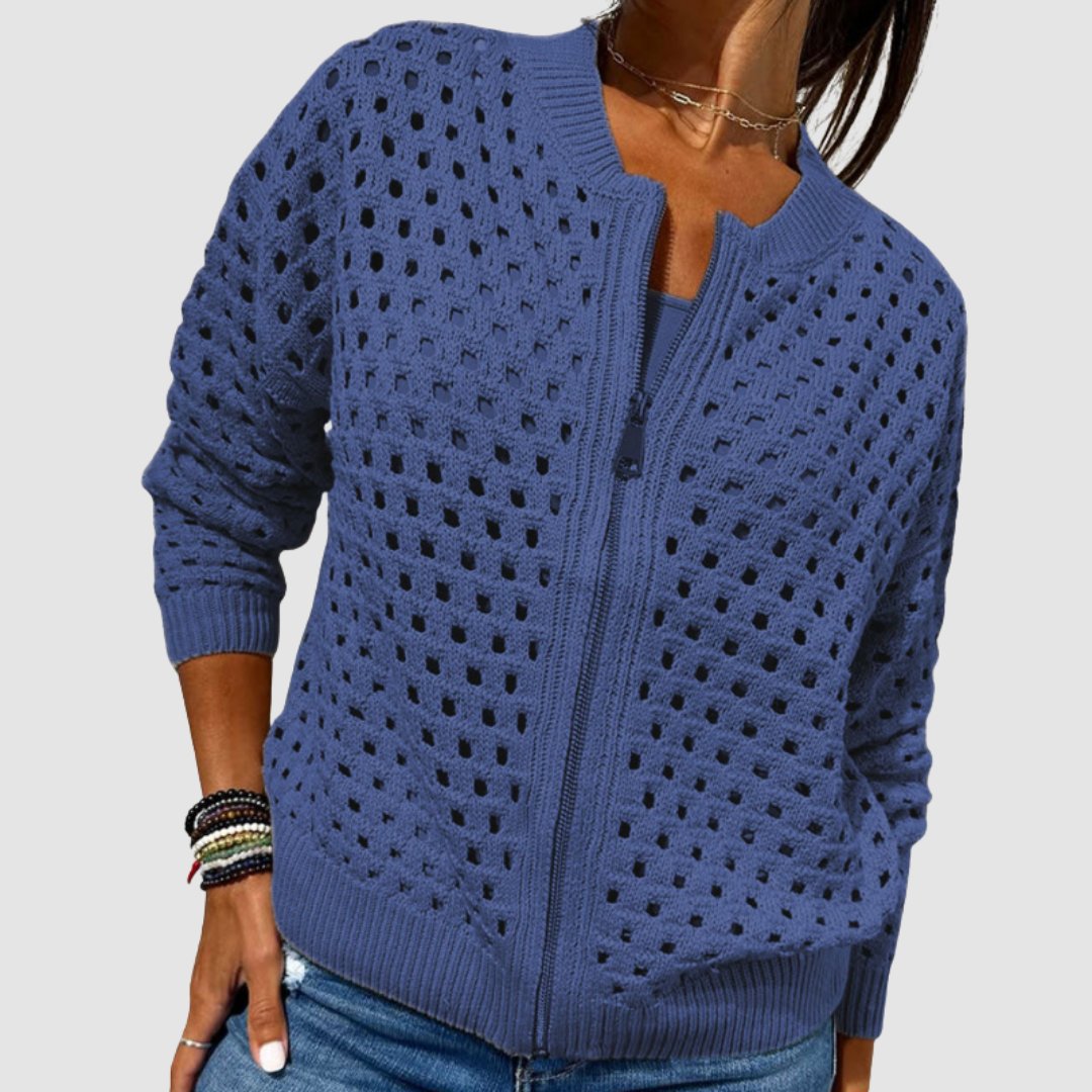 Women's Hollow-Knit Cardigan Sweater Zip-Up Relaxed Fit Casual Layering