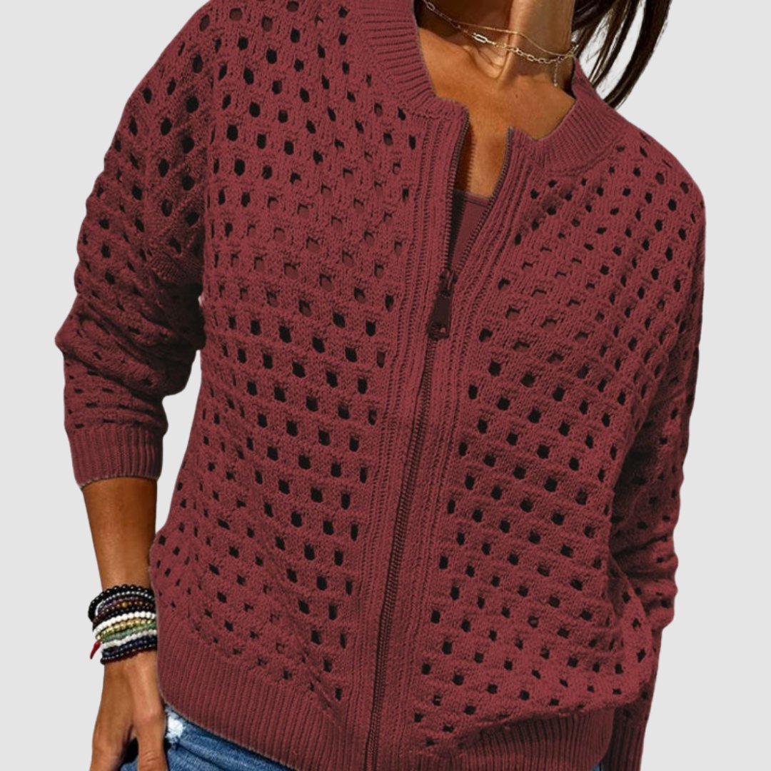 Women's Hollow-Knit Cardigan Sweater Zip-Up Relaxed Fit Casual Layering