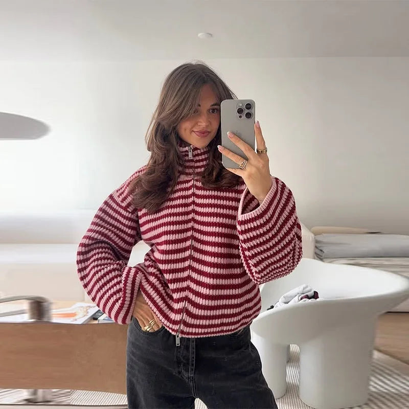 Women's Oversized Ribbed Cardigan High Collar Long Sleeve Zip Front Knit