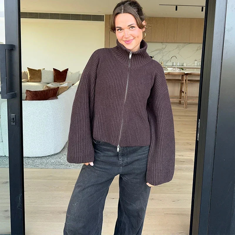 Women's Oversized Ribbed Cardigan High Collar Long Sleeve Zip Front Knit
