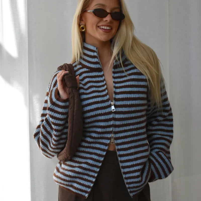 Women's Oversized Ribbed Cardigan High Collar Long Sleeve Zip Front Knit