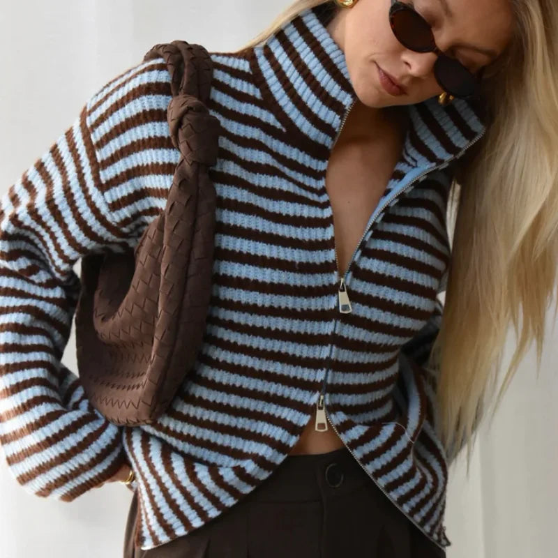Women's Oversized Ribbed Cardigan High Collar Long Sleeve Zip Front Knit