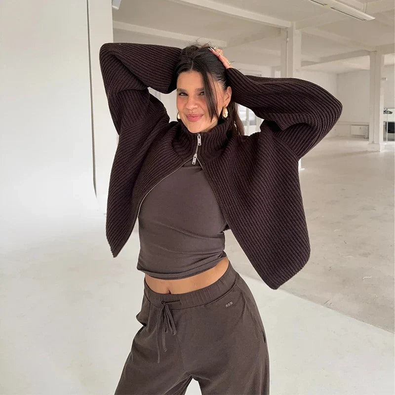 Women's Oversized Ribbed Cardigan High Collar Long Sleeve Zip Front Knit