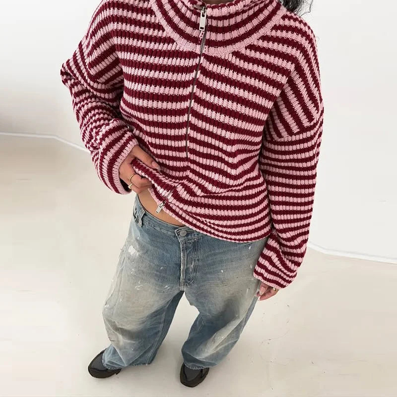 Women's Oversized Ribbed Cardigan High Collar Long Sleeve Zip Front Knit