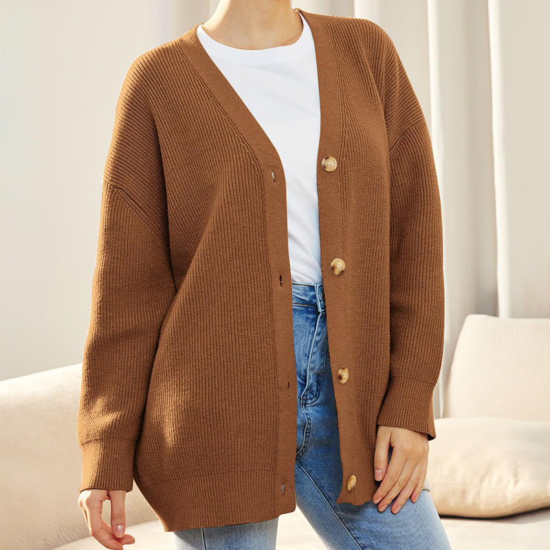 Women's Oversized Ribbed Cardigan V-Neck Long Sleeve Button Front Knit Casual