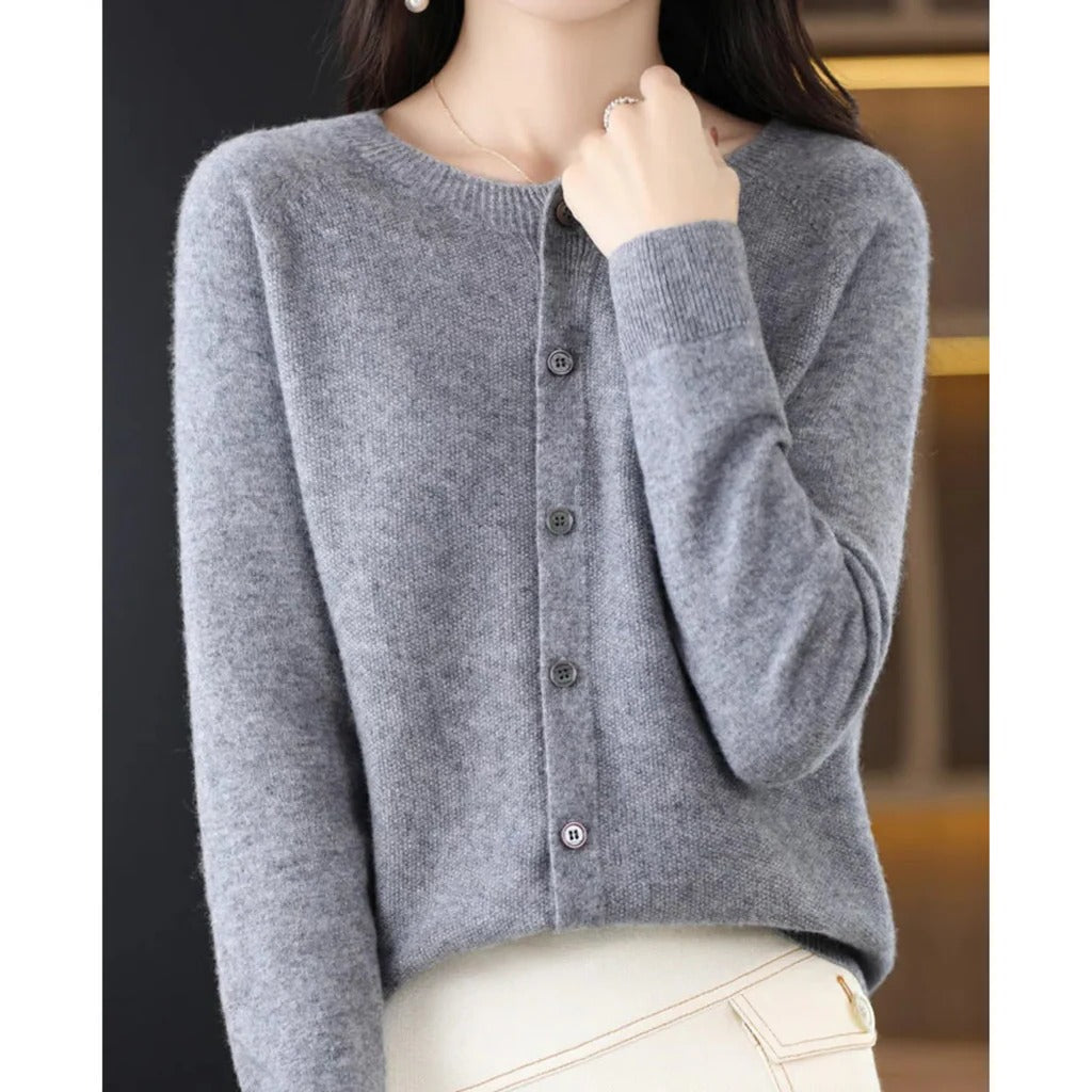 Women's Knit Cardigan Long Sleeve Round Neck Button Front Relaxed Style