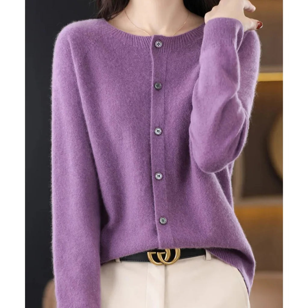 Women's Knit Cardigan Long Sleeve Round Neck Button Front Relaxed Style