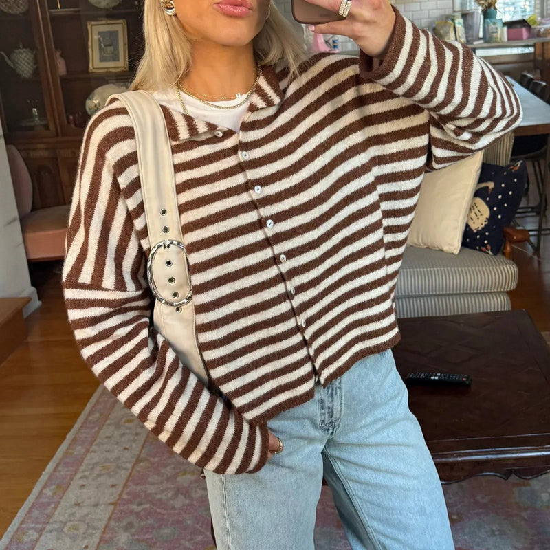 Women's Oversized Striped Cardigan Sweater Long Sleeve Button Front Knit Style