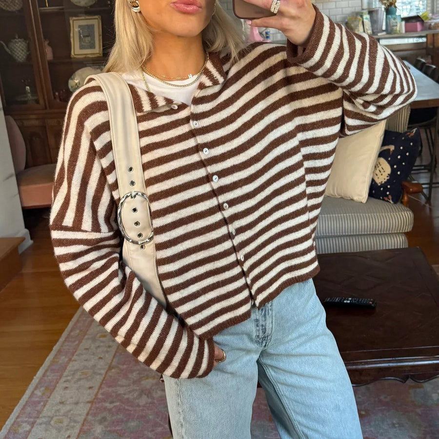 Women's Oversized Striped Cardigan Sweater Long Sleeve Button Front Knit Style