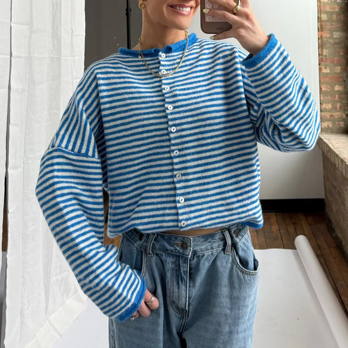 Women's Oversized Striped Cardigan Sweater Long Sleeve Button Front Knit Style