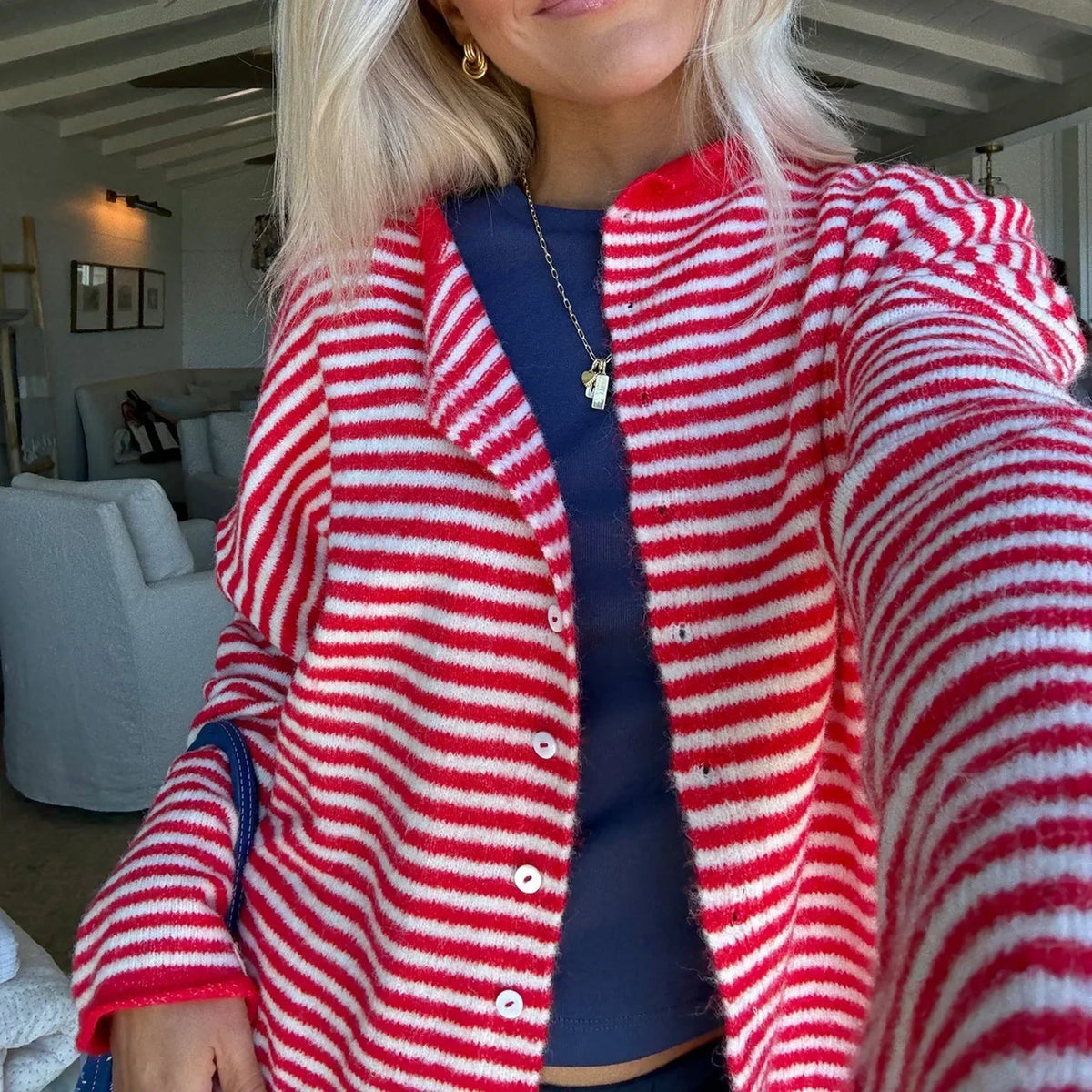 Women's Oversized Striped Cardigan Sweater Long Sleeve Button Front Knit Style